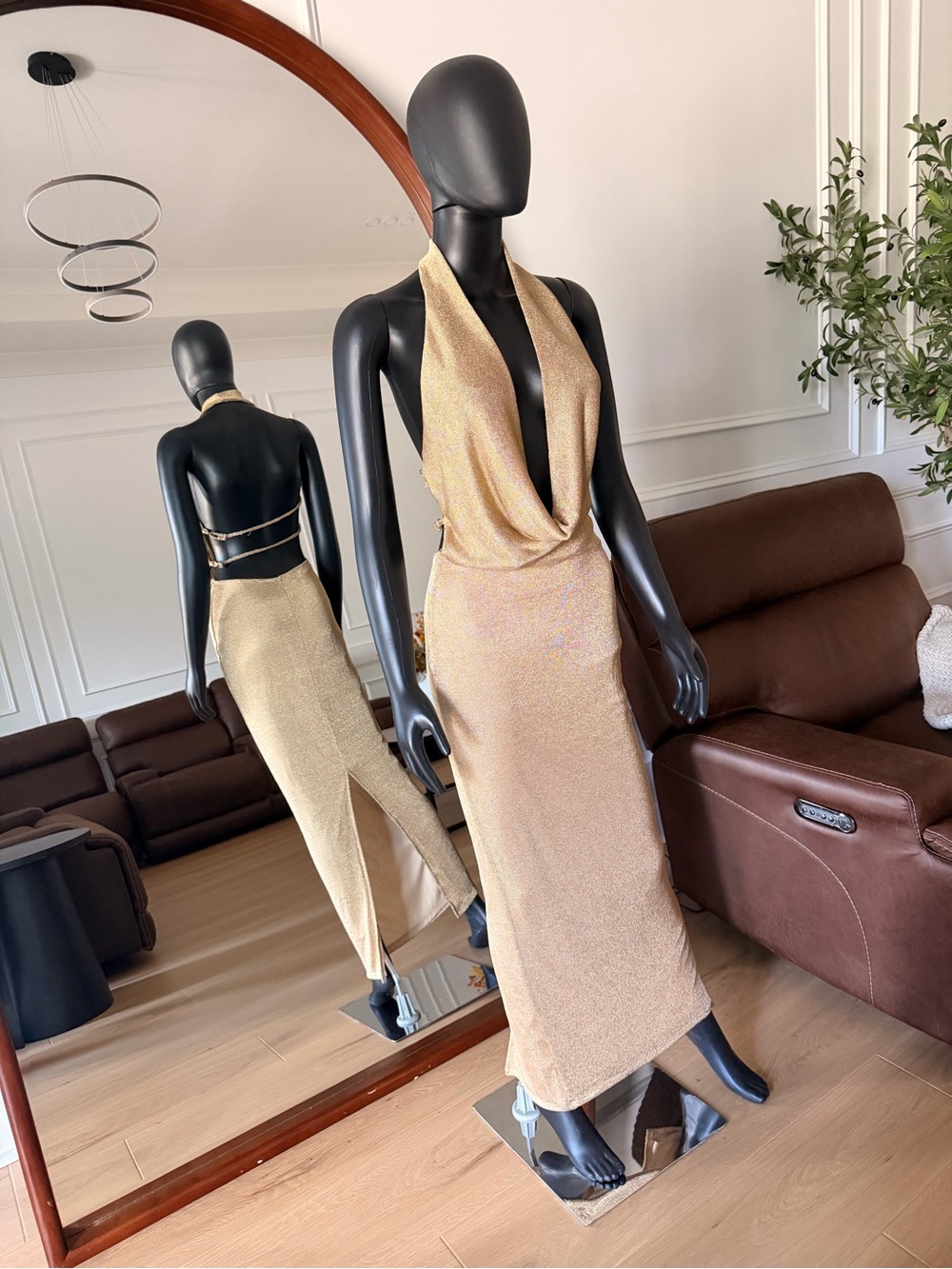 Sleeveless Gold Halter Cowl Midi Dress